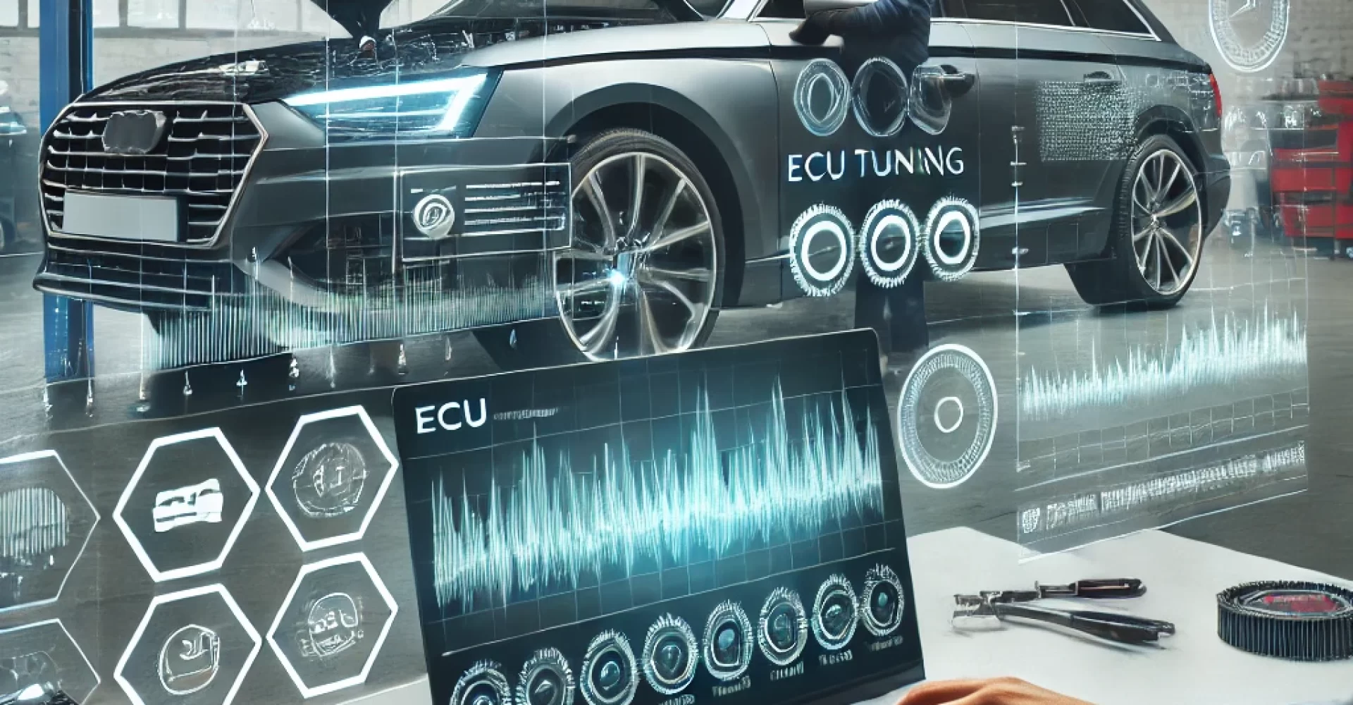 DALL·E 2025-03-05 22.27.50 - A high-tech car undergoing ECU tuning in a modern garage. A mechanic using a laptop connected to the vehicle's system, displaying performance graphs o