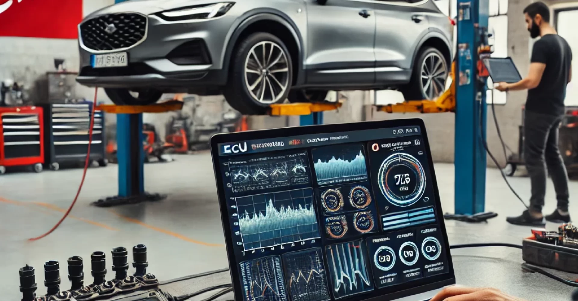 DALL·E 2025-03-20 10.40.40 - A modern car with a digital interface showing ECU tuning software in use, in a professional auto garage in Kahramanmaras, Turkey. The scene includes a